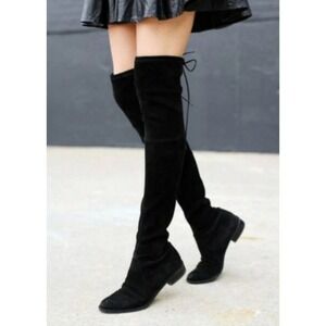Marc Fisher Women Black Faux Suede Over The Knee Boots Low Heel Size 6M Tie Back